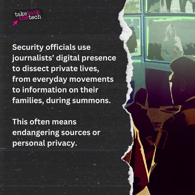 Partial image of a group of security officials looking at multiple screens showing civilian footage. Text: Security officials use journalists’ digital presence to dissect private lives, from everyday movements to information on their families, during summons. This often means endangering sources or personal privacy.