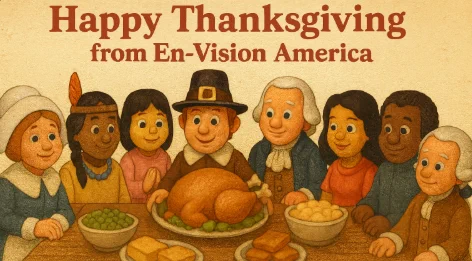 A diverse group of people are sitting around a Thanksgiving table getting ready to enjoy turkey.