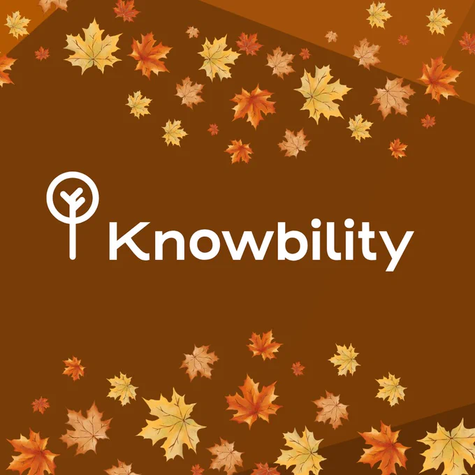 Fall themed logo of Knowbility with autumn colors and leaves.