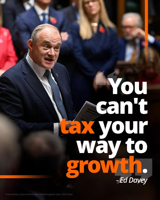 Photo of Ed Davey overlaid with a quote 'You can't tax your way to growth." 