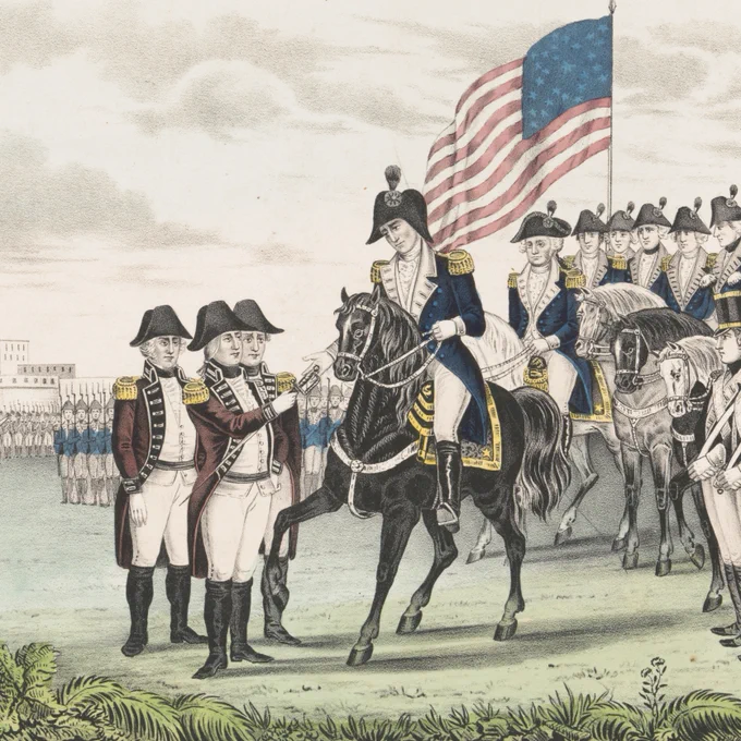 Surrender of Cornwallis: at York-Town Va. Oct. 1781. Print shows Major General O'Hara, surrounded by French and American soldiers handing his sword in surrender to General Lincoln. Currier & Ives lithograph. Published by N. Currier, c1846. From the Library of Congress Prints and Photographs Division.