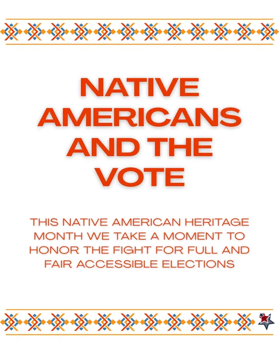 Poster titled 'Native Americans and the Vote', emphasizing the celebration of their fight for accessible elections, designed with a pattern of traditional symbols at the top and bottom.