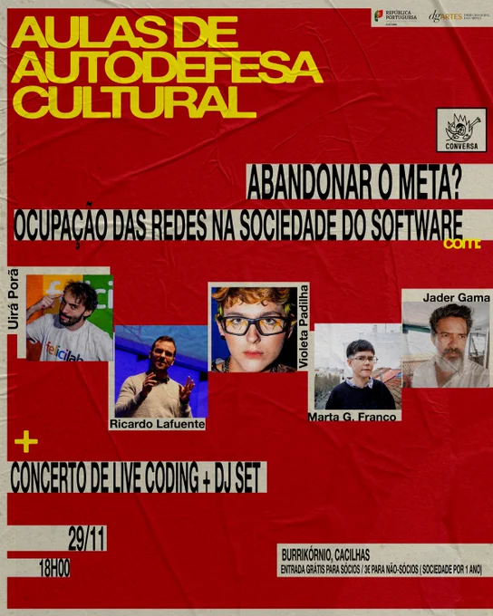 Cartaz vermelho com título amarelo "Aulas de Autodefesa Cultural", e fotos dos participantes. Para mais informação, consultar o link.