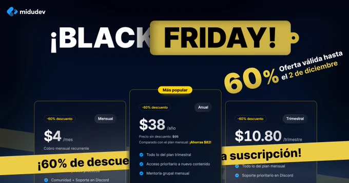 Imagen promocional del Black Friday de midudev con un descuento del 60 por ciento en suscripciones. Se muestran tres planes: mensual por 4 dólares, anual por 38 dólares y trimestral por 10,80 dólares. Incluye mensajes de oferta destacando que es válida hasta el 2 de diciembre.