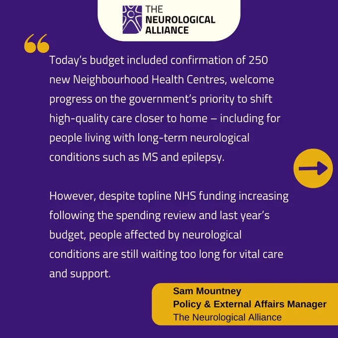 Today’s budget included confirmation of 250 new Neighbourhood Health Centres, welcome progress on the government’s priority to shift high-quality care closer to home – including for people living with long-term neurological conditions such as MS and epilepsy. 

However, despite topline NHS funding increasing following the spending review and last year’s budget, people affected by neurological conditions are still waiting too long for vital care and support.
