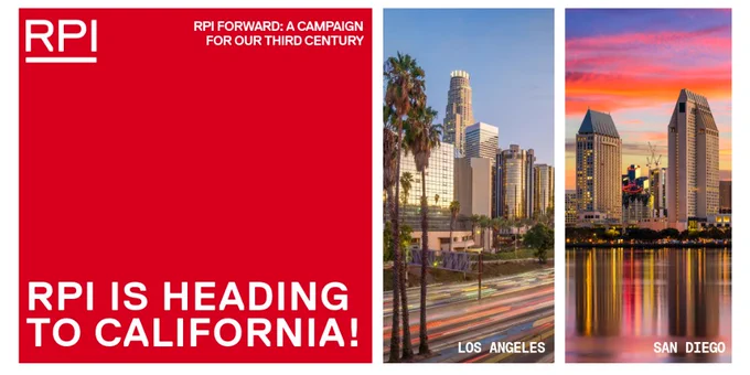 Promotional image for RPI's campaign 'RPI Forward: A Campaign for Our Third Century'. The left half of the image features a bold red background with text, and the right half displays scenic cityscapes of Los Angeles and San Diego.