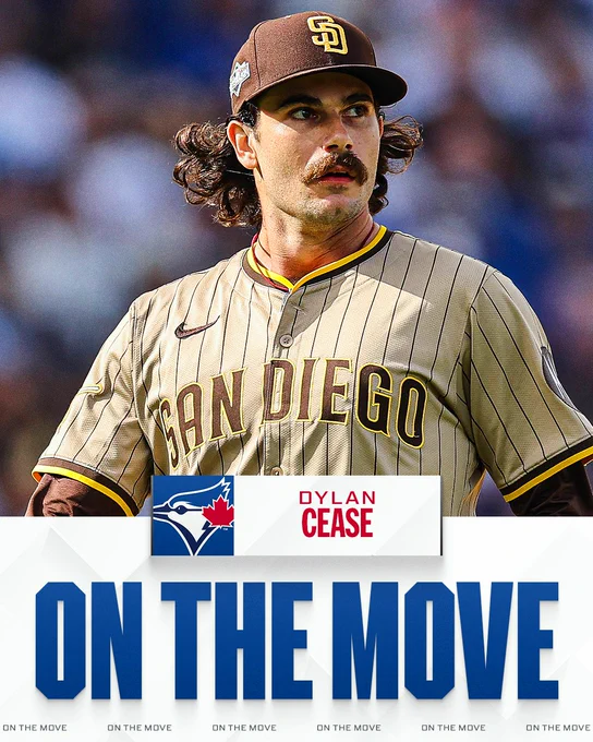 On The Move
Dylan Cease, Toronto Blue Jays
Pictured: Dylan Cease walks off the mound. He wears a sand-colored jersey with pinstripes and a brown cap.