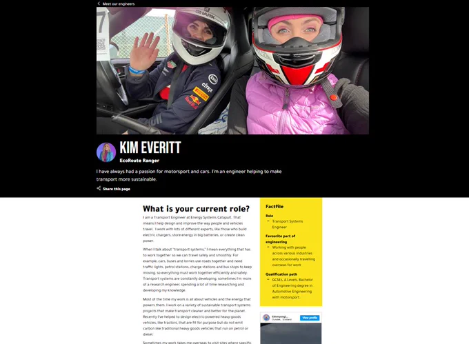 Screenshot 1/4 - 'Kim Everitt' engineer profile page on the This is Engineering Website.