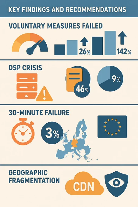     Voluntary Measures Failed: Despite 26% increase in cooperation agreements, piracy volume increased 142% from H2 2024 to H1 2025, with 26.2 million takedown notices submitted but 89% not resulting in suspension.







    DSP Crisis: Dedicated Server Providers account for 46% of notices but only 9% suspension rate, compared to online platforms' 98% rate. This is the system's critical failure point.







    30-Minute Failure: Only 3% of infringements were acted upon within the industry-demanded 30-minute target. Manual processing makes this impossible at scale.


    Geographic Fragmentation: Three Member States (France, Italy, Belgium) advancing while majority lag. EU-wide harmonization essential.


    CDN Blind Spot: CDNs and reverse proxies not subject to DSA rules on notices, creating major enforcement gap.