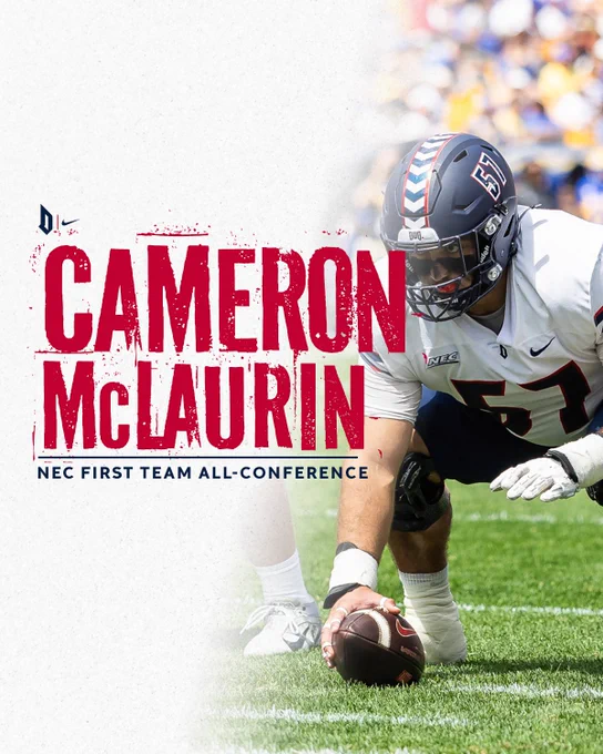 Cameron McLaurin NEC First Team All-Conference graphic with game photo