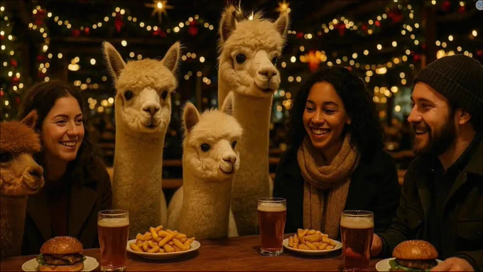Three alpacas sit at a restaurant table surrounded by smiling people, with burgers, chips, and pints of beer in front of them. Warm festive fairy lights create a bokeh effect in the background, giving the scene a cosy, celebratory atmosphere.