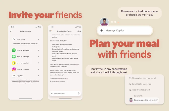A three-part interface shows Friendsgiving planning tools. The left screen displays invite options via link, WhatsApp, iMessage, Snapchat, and Instagram. The center screen shows a checklist with menu items, tableware, drinks, and games. The right screen includes a chat bubble asking about traditional vs. mixed menus and a message input field labeled “Message Copilot.”