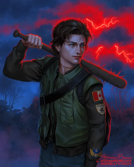 Digital fanart of Steve Harrington from Stranger Things 4, wearing a camo shirt under a black jacket with patches and a green vest. He holds his baseball bat on his shoulder, and behind him red lightning flashes in the Upside Down