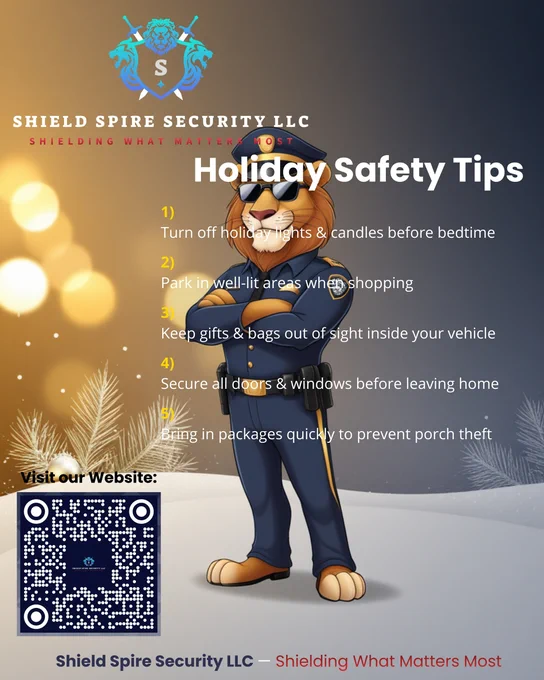 Holiday Safety Tips from Shield Spire Security 🎄🛡️

Keep your home and family safe this season:

1️⃣ Turn off lights & candles before bed
2️⃣ Park in well-lit areas
3️⃣ Hide gifts/bags inside your car
4️⃣ Lock all doors & windows
5️⃣ Bring in packages quickly

Stay safe and enjoy the holidays ✨

Contact Us if you need to secure your Texas property.

Email: info@ShieldSpireSecurity.com
Phone:  1 (737) 414-8273
Website: www.ShieldSpireSecurity.com or Scan the QR Code in the picture.

Shield Spire Security LLC — Shielding What Matters Most

#Security #HolidaySafety #AustinTX #TXSecurity