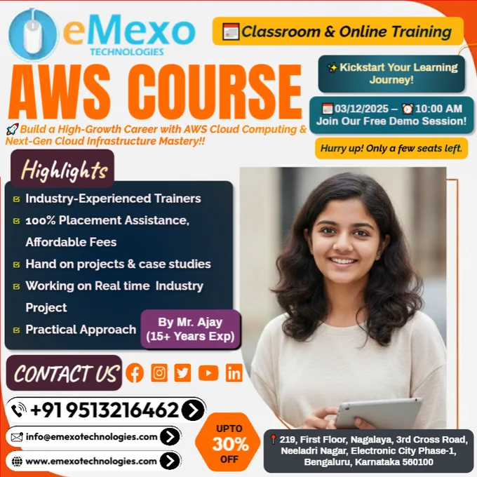 AWS Training in Marathahalli, Bangalore🌩️– eMexo Technologies!
Calling All Future Cloud Engineers!
Ready to build a successful career in AWS Cloud, DevOps, and Infrastructure Automation? Whether you’re a fresher or a working professional, eMexo Technologies AWS Course in Marathahalli, Bangalore is your trusted destination to master Amazon Web Services (AWS).
🎯Why Choose eMexo Technologies for AWS Training in Marathahalli, Bangalore?
🛠️Hands-On AWS Projects
Work on real-time projects like EC2 provisioning, VPC setup, S3 storage solutions, IAM security, serverless apps with Lambda, container orchestration (ECS/EKS), and CI/CD pipelines on AWS.
👨‍🏫Expert Mentorship
Get trained by AWS Certified Cloud Architects & DevOps Engineers with over 10  years of cloud and enterprise infrastructure expertise.
🧑‍💻Flexible Learning Options
Choose between AWS Online or Classroom Training in Marathahalli, Bangalore.
🎉Limited-Time Offer: 30% OFF! Enroll today and save big on our AWS Certification!