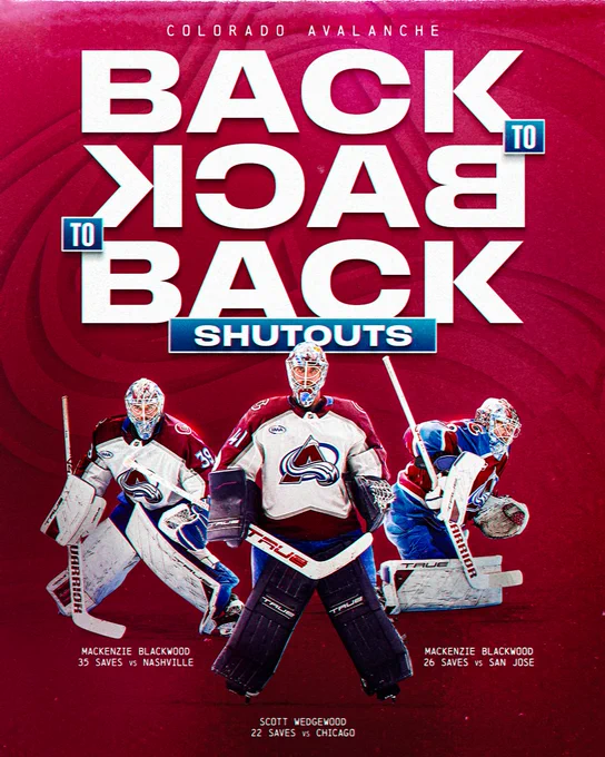 On a maroon background, white text reads "Colorado Avalance. Back to back to back shutouts."

Below are cutout photos of Mackenzie Blackwood (left) with text underneath "Mackenzie Blackwood. 35 saves vs Nashille", Scott Wedgewood (center) with text underneath "Scott Wedgewood. 22 saves vs Chicago", and Mackenzie Blackwood (right) with text underneath "Mackenzie Blackwood. 26 saves vs San Jose". 