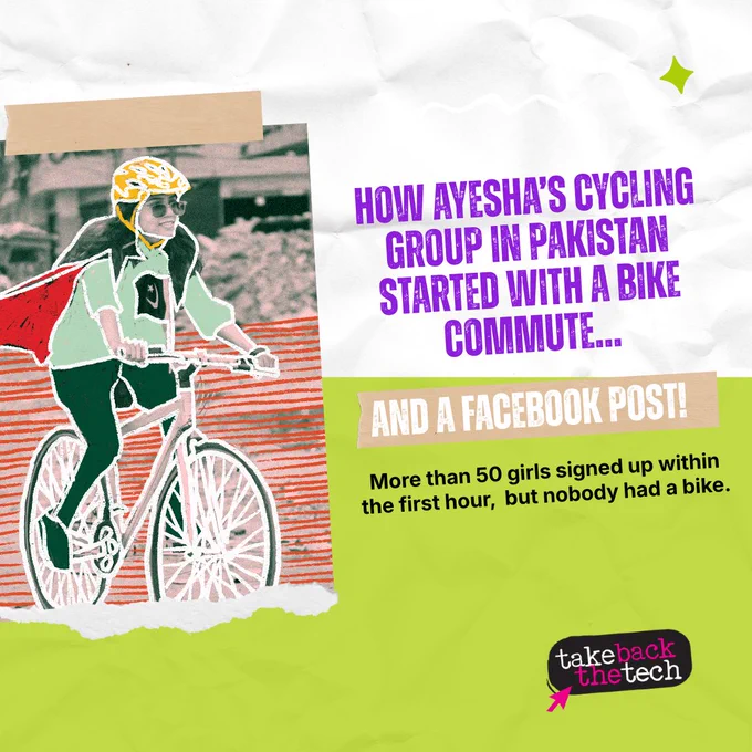 Image of a woman cycling. Text: How Ayesha’s cycling group in Pakistan started with a bike commute… and a Facebook post!

More than 50 girls signed up within the first hour, but nobody had a bike.
