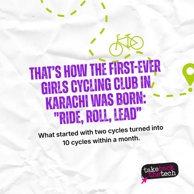 Hand-drawn element of a cycling route and a cycle. Text: That’s how the first-ever girls cycling club in Karachi was born: "Ride, Roll, Lead”

What started with two cycles turned into 10 cycles within a month.