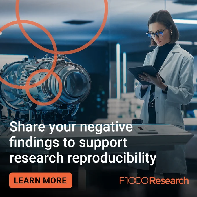 A woman in a white lab coat reviews data on a tablet, set against a backdrop of scientific equipment. Text reads, 'Share your negative findings to support research reproducibility.' Includes a 'Learn More' call to action and the F1000 Research logo.