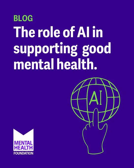 Purple background with white text reading "The role of AI in supporting good mental health." Above, "BLOG" is in green. To the right, a green outline of a hand touching a globe with "AI" inside. Bottom left corner displays "MENTAL HEALTH FOUNDATION" logo in white.