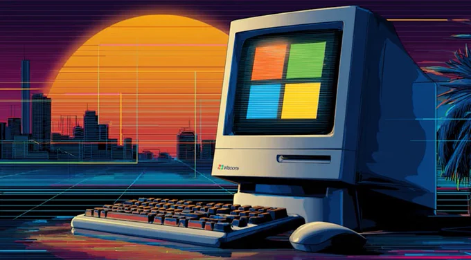 Nostalgic illustration of a computer with the Windows icon on the screen
