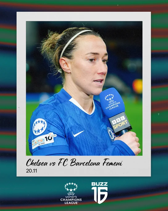 Lucy Bronze holding a blue Champions League microphone looking off camera. She is wearing a Chelsea kit.

The picture has a polaroid style.