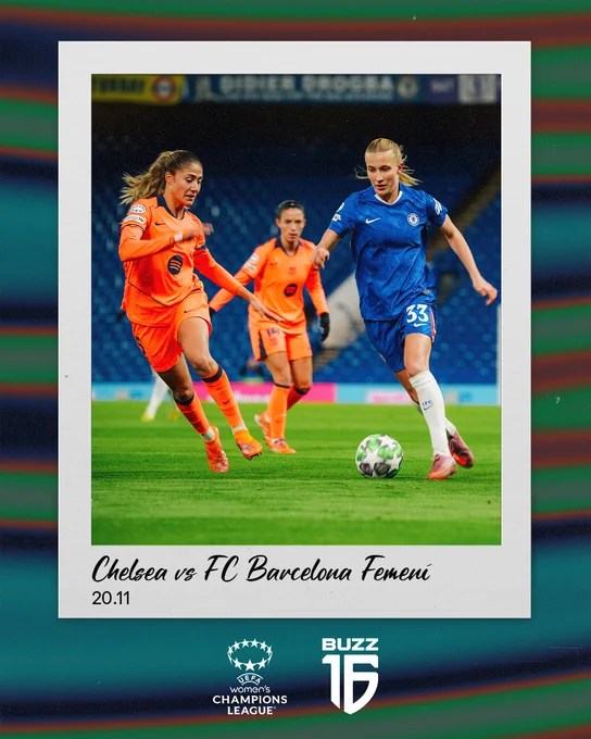 Chelsea's Aggie Beaver-Jones running with the ball.

The picture has a polaroid style.