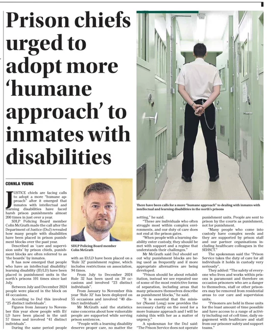 Irish news article with headline Prison Chiefs urged to adopt more humane approach to inmates with disabilities. Questions from Colin to Justice Minosger showing those with LD have faced prison punishments almost 200 times in just over a year