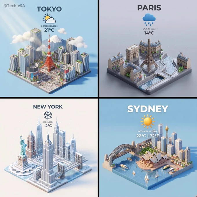 Present a clear, 45° top-down isometric miniature 3D cartoon scene of [CITY], featuring its most iconic landmarks and architectural elements. Use soft, refined textures with realistic PBR materials and gentle, lifelike lighting and shadows. Integrate the current weather conditions directly into the city environment to create an immersive atmospheric mood.
Use a clean, minimalistic composition with a soft, solid-colored background.

At the top-center, place the title “[CITY]” in large bold text, a prominent weather icon beneath it, then the date (small text) and temperature (medium text).
All text must be centered with consistent spacing, and may subtly overlap the tops of the buildings.
Square 1080x1080 dimension.