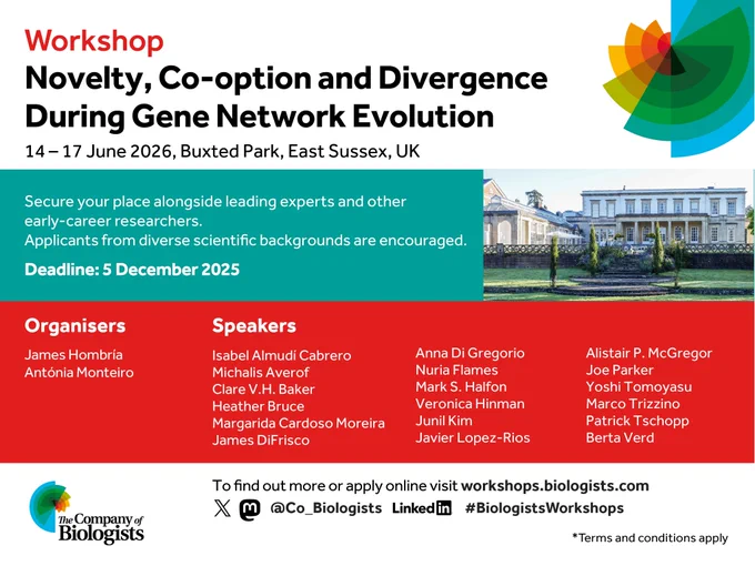 Novelty, Co-option and Divergence During Gene Network Evolution
Organisers: James Hombría and Antónia Monteiro
Date: 14 – 17 June 2026
Venue: Buxted Park, East Sussex, UK 