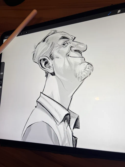 A black-and-white cartoon sketch of a man in profile, smiling confidently with a long neck and goatee.