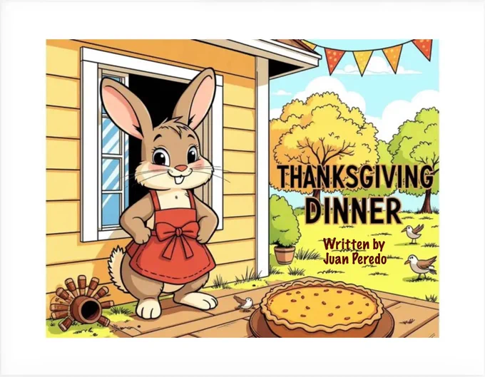 Thanksgiving dinner cover page. A cute bunny wearing a red apron and standing outside of her home