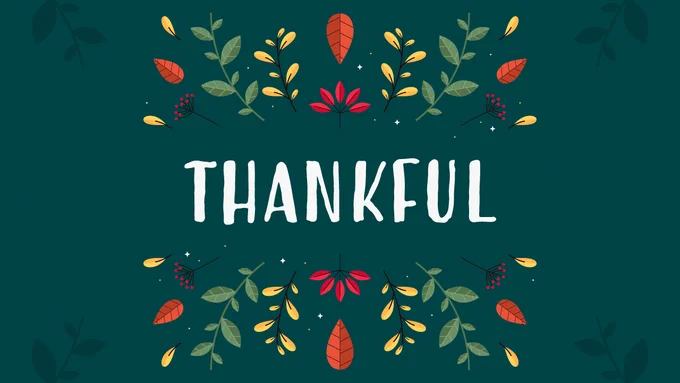 Illustration featuring the word "THANKFUL" in bold white letters centered on a dark green background, surrounded by a symmetrical design of autumn leaves and flowers in red, orange, and yellow tones.
