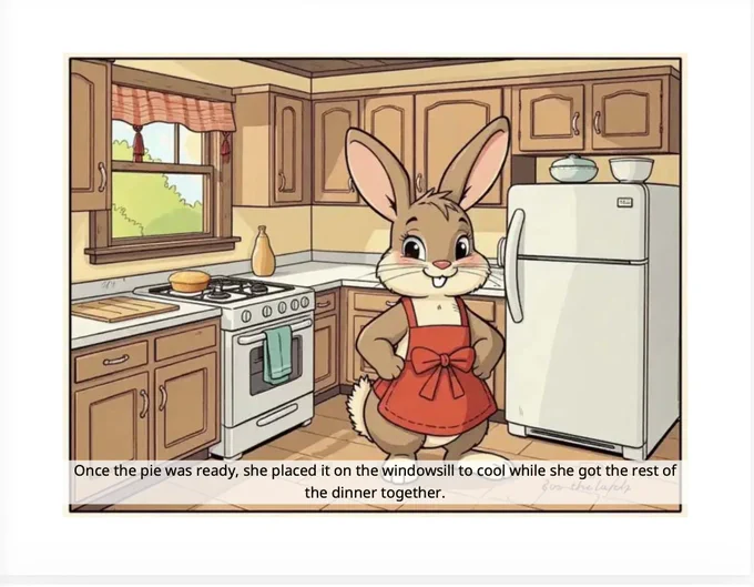 A bunny places a cake near the windowsill