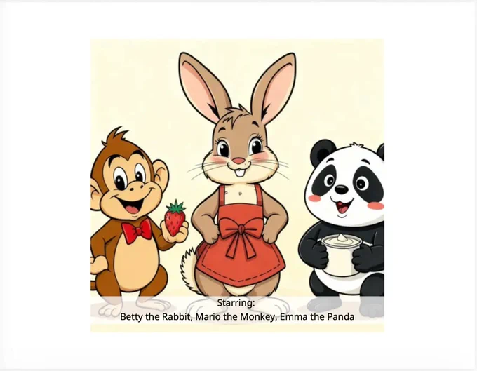 A cute image of a monkey wearing a red tie, a bunny wearing a red apron and a panda bear with a touch of red on her cheeks