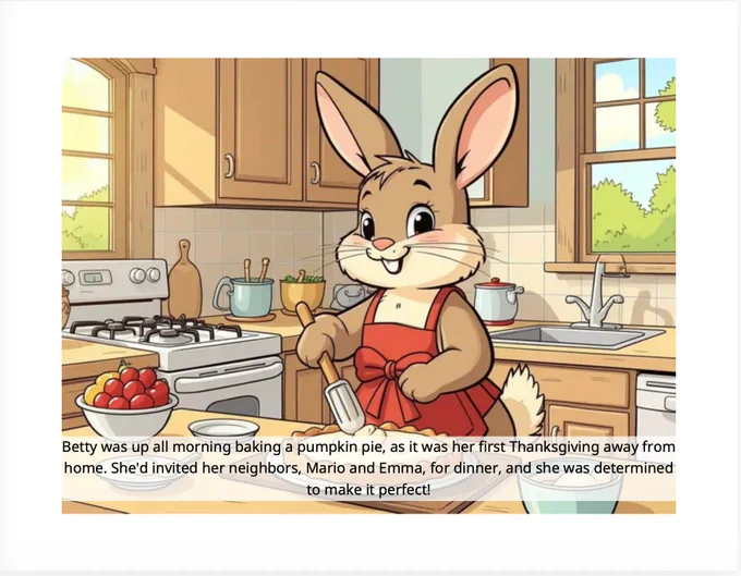 A red bunny in a red apron mixing up a cake
