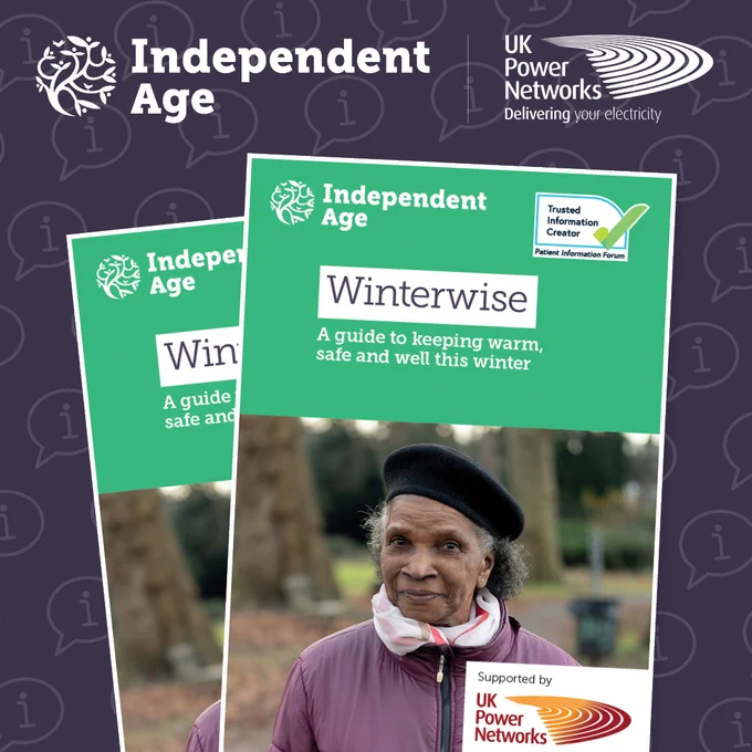 A promotional image for Independent Age's "Winterwise" guide, featuring an older person wearing a black beret, purple coat, and white scarf. The guide aims to provide advice on staying warm, safe, and well during winter, supported by UK Power Networks. The background shows trees and blurred park scenery. The logos of Independent Age and UK Power Networks are visible.