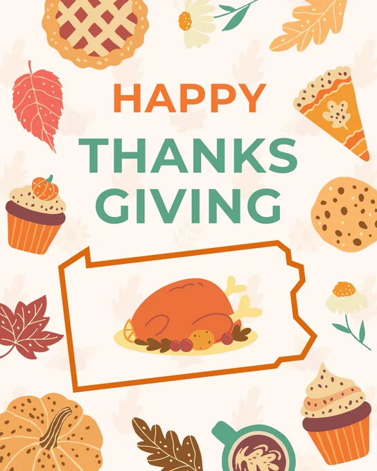 tan graphic with images of thanksgiving food and text that reads "Happy Thanksgiving!"