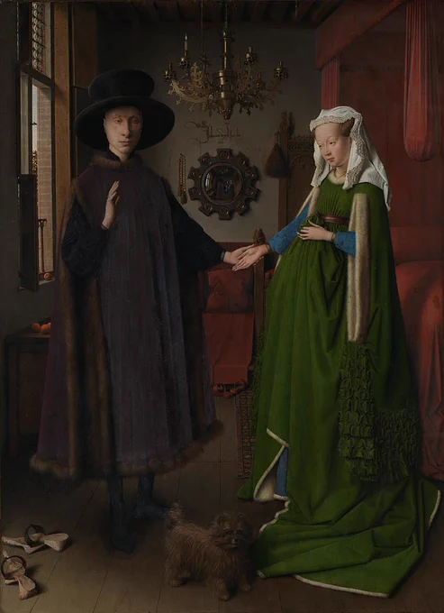 'The Arnolfini Portrait' by Jan van Eyck, depicting two individuals standing in a room with rich details including a chandelier, a mirror, and a small dog. The person on the left wears a dark hat and robe, while the person on the right is dressed in a green gown with elaborate sleeves.