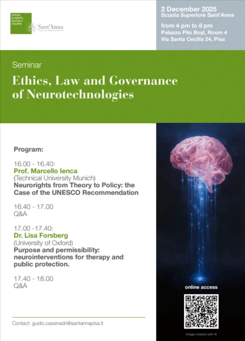 Il 2 dicembre sarò alla Scuola Superiore Sant’Anna (Pisa) per il seminario “Ethics, Law and Governance of Neurotechnologies”, con Marcello Ienca e Lisa Forsberg. 

#Neurotechnologies #NeuroRights #TechGovernance #LawAndTechnology #DigitalPolicy #SantAnnaPisa