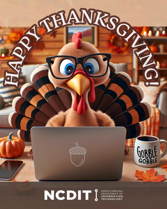 Animated turkey using a laptop with a 'Happy Thanksgiving' greeting displayed on the screen, surrounded by a festive background. A coffee mug with 'Gobble Gobble' is also visible.