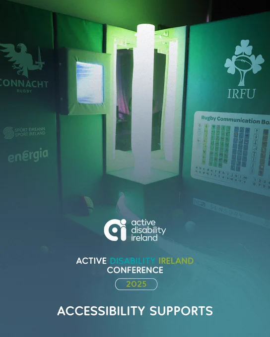 Image of a sensory pod with text reading "Accessibility Supports" and "Active Disability Ireland Conference".