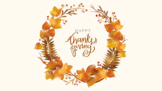 Autumn wreath of orange and yellow leaves with red berries surrounding the words 'Happy Thanksgiving' in decorative script.