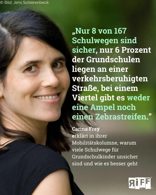 Eine dunkelhaarige Frau (Carina Frey) blickt in die Kamera. Dazu das Zitat: „Nur 8 von 167 Schulwegen sind sicher, nur 6 Prozent der Grundschulen liegen an einer verkehrsberuhigten Straße, bei einem Viertel gibt es weder eine Ampel noch einen Zebrastreifen.”