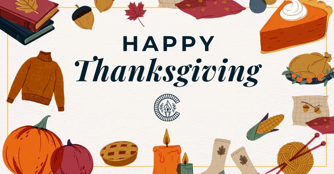 Graphic with the words ‘Happy Thanksgiving’ in bold black letters centered on a cream background. Surrounding the text are illustrated autumn and holiday items, including a pumpkin, pie slice, roasted turkey, corn, sweater, socks, books, candle, knitting needles, and fall leaves.
