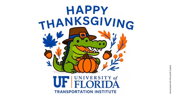 Happy Thanksgiving 2025 graphic that was generated using Microsoft Copilot. Shows a gator holding a pumpkin with a pilgrim hat. Cute!