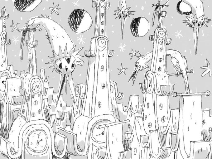 black and white drawing (with gray tones) of a cityscape made of buildings with mantel clock roofs and, perched atop them, birds with long necks and multiple eyes. There are multiple moons in different phases in the starry night sky above.
