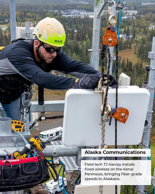 Photo of technician and text: Alaska Communications. Field tech TJ Harvey installs fixed wireless on the Kenai Peninsula, bringing fiber-grade speeds to Alaskans. 