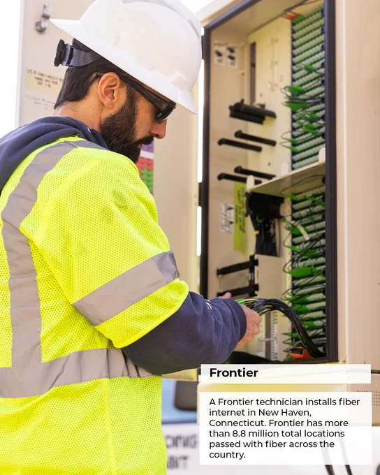 Photo with a technician and text: Frontier. A Frontier technician installs fiber internet in New Haven, Connecticut. Frontier has more than 8.8 total locations passed with fiber across the country. 