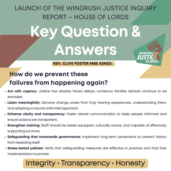 Key Question & Answers infographic from the Windrush Justice Inquiry launch listing action points: act with urgency; listen to lived experiences; strengthen safeguarding; improve training; ensure transparency; stress-test policies.